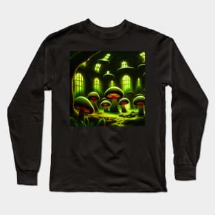 Magical Building Cottage Mushroom House with Lights in Forest with High Trees, Scenery Nature Long Sleeve T-Shirt